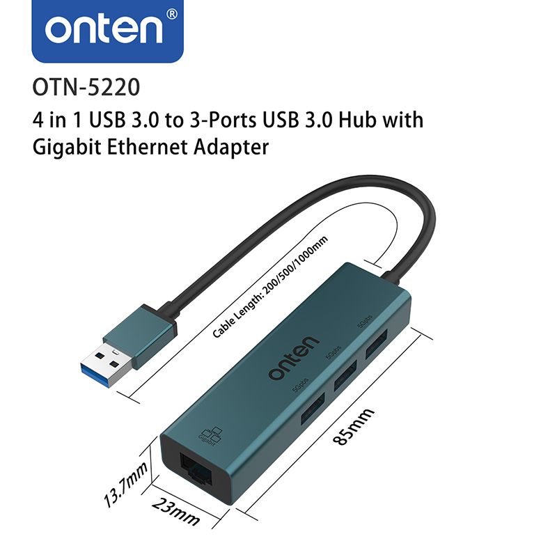 ONTEN 4 IN 1 USB 3.0 TO 3-Ports USB 3.0 Hub With Gigabit Ethernet Adapter - Image 2