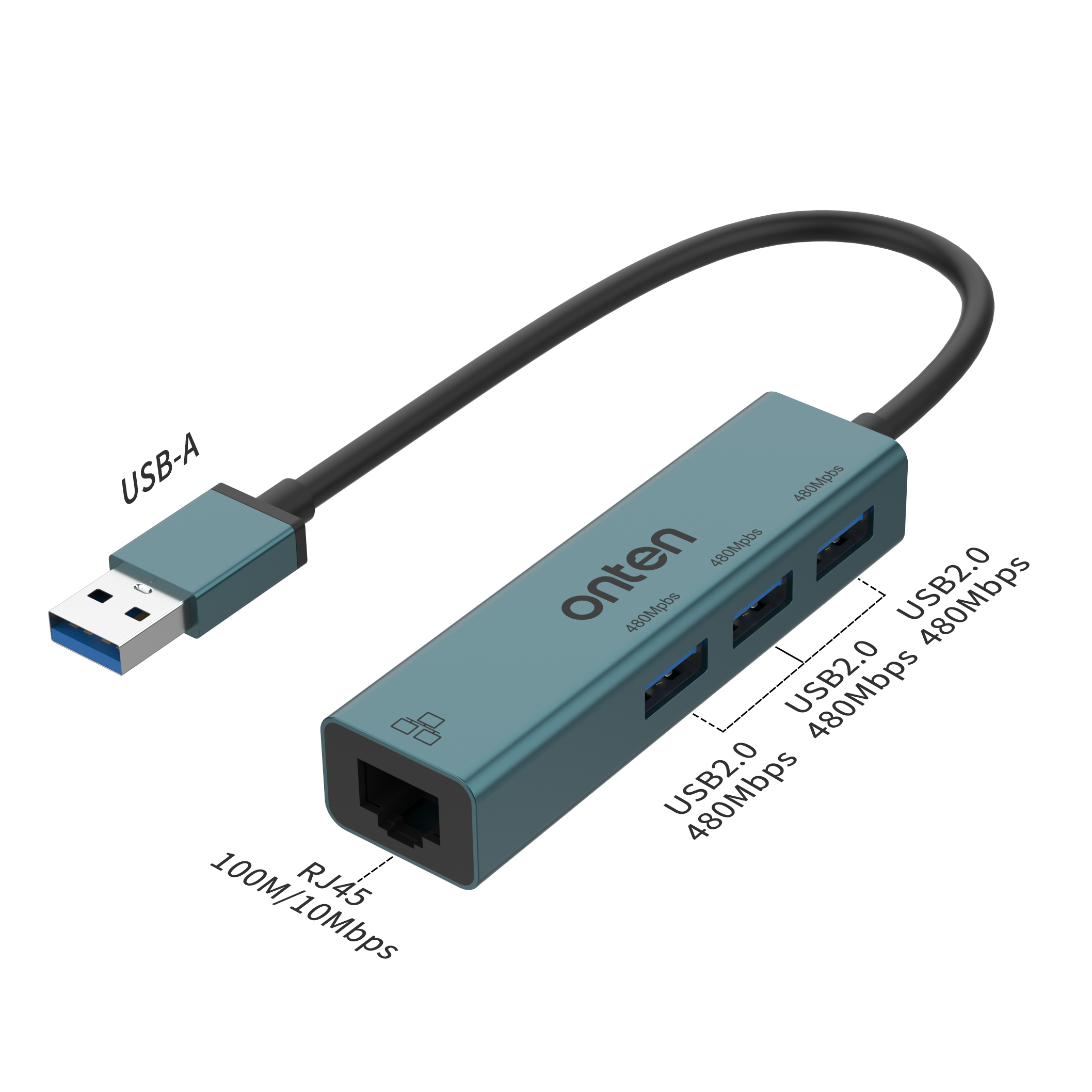 ONTEN OTN-5226 4 in 1 USB2.0 to RJ45 (100) + USB2.0*3 Hub - Image 3