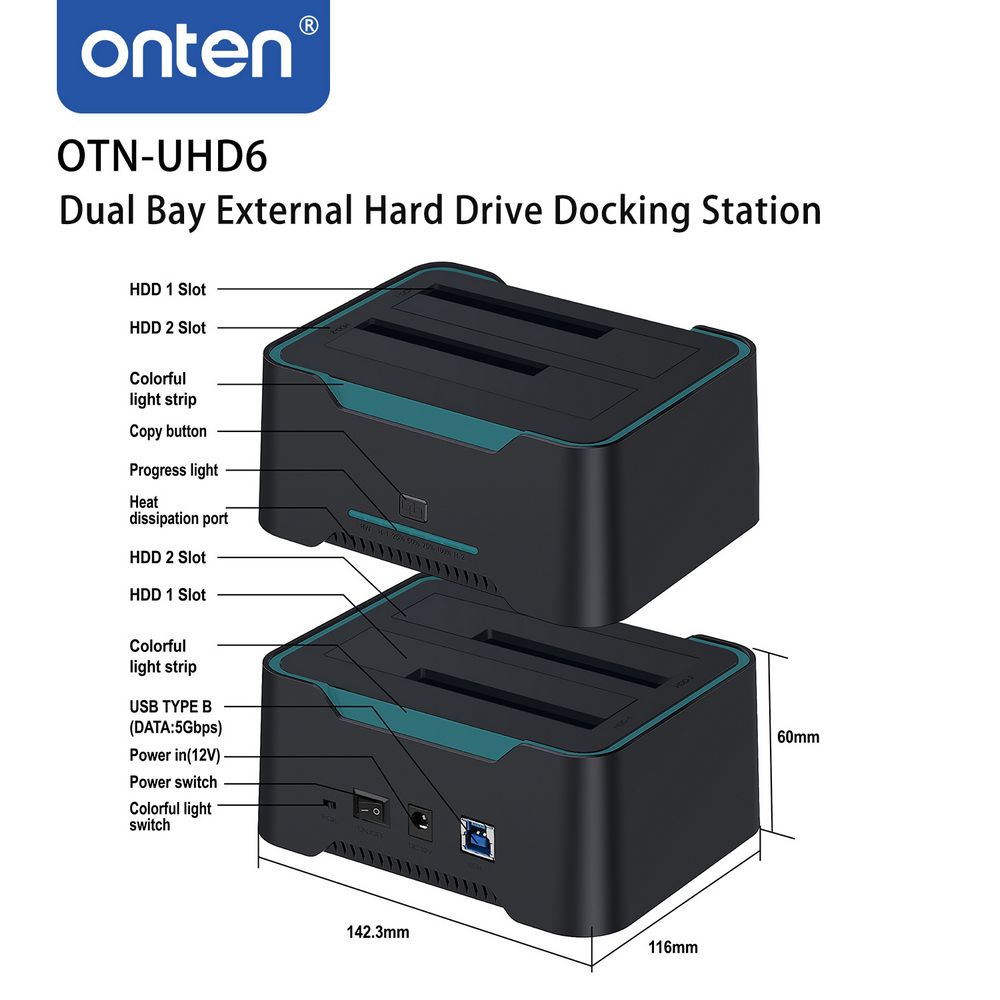 Onten Dual Bay External Hard Drive Docking Station for 2.5/3.5 inch HDD/SSD MAX 2x16TB - Image 5